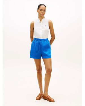 Tommy Hilfiger Flag Embroidery Pure Linen Shorts - Blue