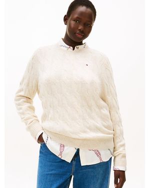 Tommy Hilfiger Pull Curve En Maille Torsadée De Laine Douce - Blanc