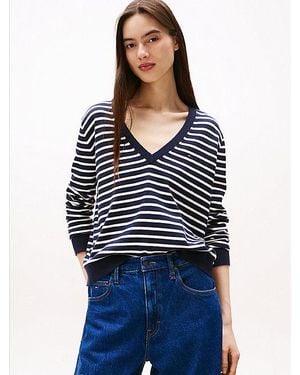 Tommy Hilfiger Trui Met V-Hals En Geborduurde Vlag - Blauw