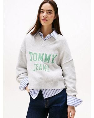Tommy Hilfiger Varsity Wolmix V-Halstrui Met Logo - Grijs