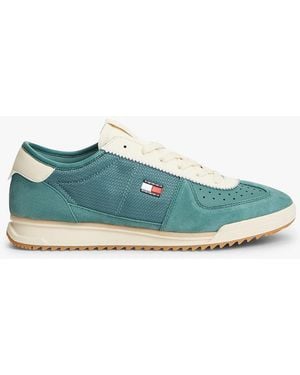 Tommy Hilfiger Retro Leather Mixed Texture Serrated Trainers - Blue
