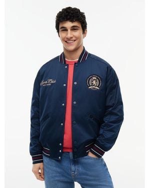 Tommy Hilfiger Crest Patch Relaxed Satin Bomber Jacket - Blue