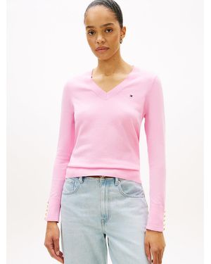 Tommy Hilfiger Tone Button Cuff V-Neck Jumper - Pink