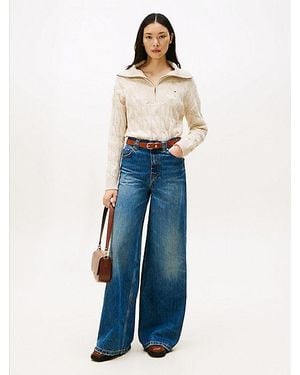 Tommy Hilfiger Kabeltrui Van Zachte Wol Met Halve Rits - Blauw