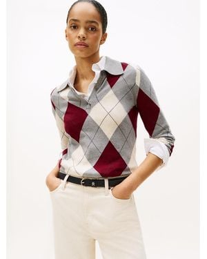 Tommy Hilfiger Argyle Polo Collar Slim Longline Jumper - Pink