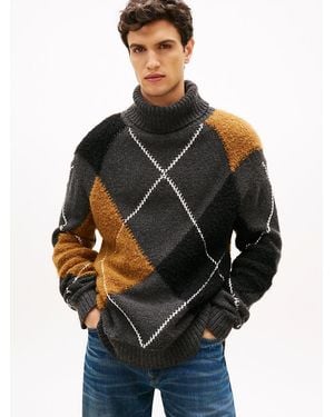 Tommy Hilfiger Wool Blend Argyle Roll Neck Jumper - Black