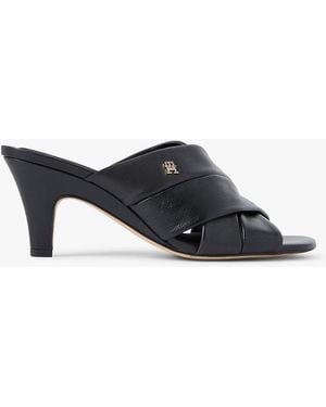 Tommy Hilfiger Leather Crossover Strap Heeled Mules - Black