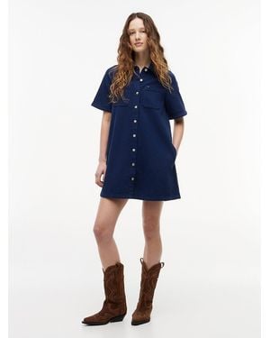 Tommy Hilfiger Textured Twill A-Line Mini Shirt Dress - Blue