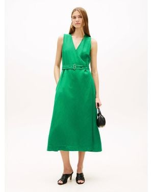 Tommy Hilfiger Belted Linen Blend Sleeveless Wrap Midi Dress - Green