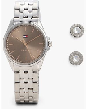 Tommy Hilfiger Taupe Dial Watch And Earrings Gift Set - White