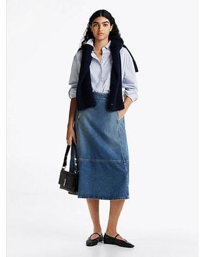 Tommy Hilfiger Denim A-Line Midirok Met Leren Detail - Blauw