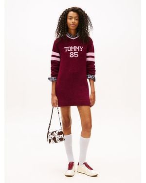 Tommy Hilfiger Intarsia Logo V-neck Mini Jumper Dress - Red