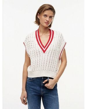 Tommy Hilfiger Oversized Fit Zopfmuster-Pullunder Mit V-Ausschnitt - Weiß