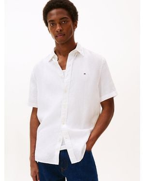 Tommy Hilfiger Regular Fit Washed Linen Short Sleeve Shirt - White