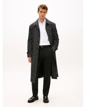 Tommy Hilfiger Houndstooth Wool Blend Belted Longline Coat - Black