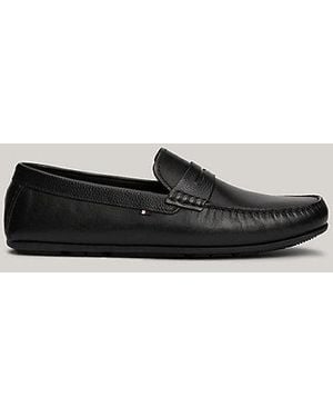 Tommy Hilfiger Leren Mocassin Met Rubberen Vlag - Zwart