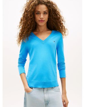 Tommy Hilfiger Fine Knit Jersey V-Neck Jumper - Blue
