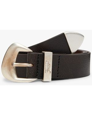 Tommy Hilfiger Abstract Buckle Cracked Leather Belt - Black