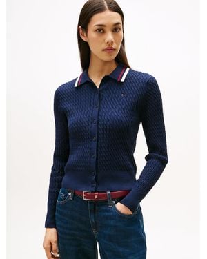 Tommy Hilfiger Fine Cable Knit Polo Collar Cardigan - Blue