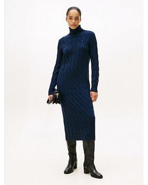 Tommy Hilfiger Kabelgebreide Midi-Sweaterjurk Van Zachte Wol - Blauw