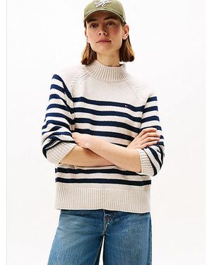 Tommy Hilfiger Relaxed Gestreepte Trui Met Opstaande Hals - Grijs