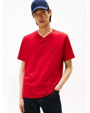 Tommy Hilfiger Flag Embroidery V-neck T-shirt - Red