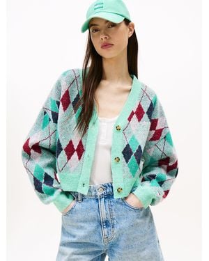 Tommy Hilfiger Cropped Argyle Cardigan With Wool - White