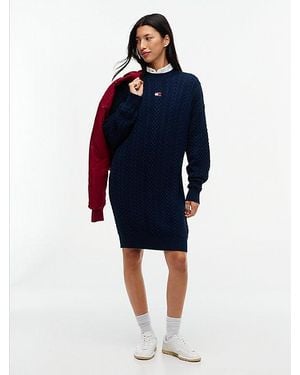 Tommy Hilfiger Kabelgebreide Midi Sweaterjurk Met Tommy Badge - Blauw