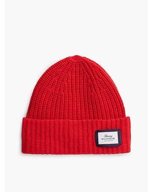 Tommy Hilfiger Pure Wool Chunky Rib Knit Beanie - Red