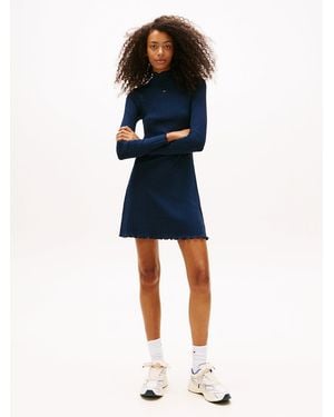 Tommy Hilfiger Ruffle Trim Ribbed Slim Mini Dress - Blue