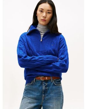Tommy Hilfiger Half-zip Cable Knit Soft Wool Jumper - Blue