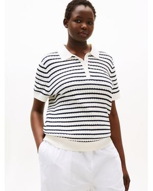 Tommy Hilfiger Curve Regular Fit Cable Knit Polo Shirt - White