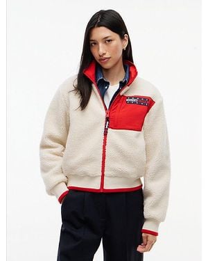 Tommy Hilfiger Tommy Jeans Back Flag Teddy Fleece Zip Thru Jacket - Red
