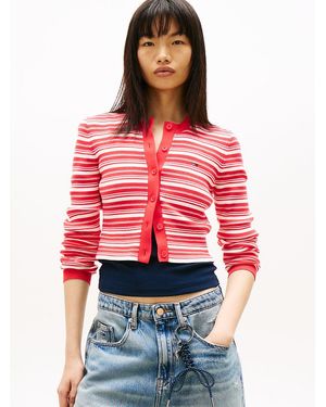Tommy Hilfiger Stripe Slim Crew Neck Cardigan - Red
