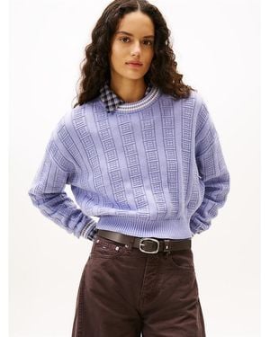 Tommy Hilfiger S Cotton Cable Pullover Crewneck Jumper With Knit Flag Print - Purple