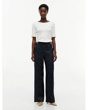 Tommy Hilfiger Krijtstreep Broek Met Linnen, Wijde Fit En Goudkleurige Knopen - Wit
