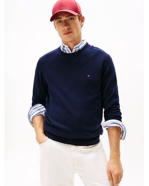 Tommy Hilfiger Pull En Pure Laine D'Agneau À Col Ras-Du-Cou - Bleu
