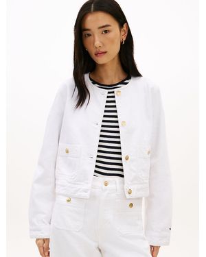 Tommy Hilfiger Tone Button Collarless Denim Jacket - White