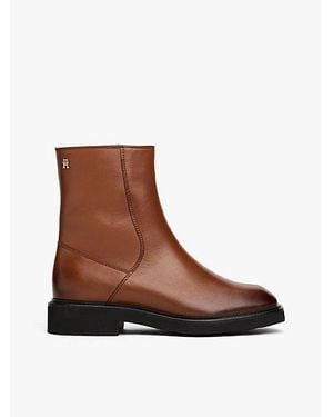 Tommy Hilfiger Leren Enkellaars Met Vierkante Neus - Bruin