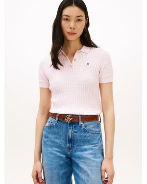 Tommy Hilfiger Cable Knit Short Sleeve Polo Jumper - Blue