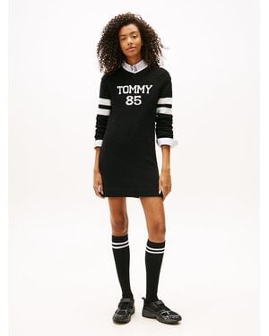 Tommy Hilfiger Intarsia Logo V-Neck Mini Jumper Dress - Black