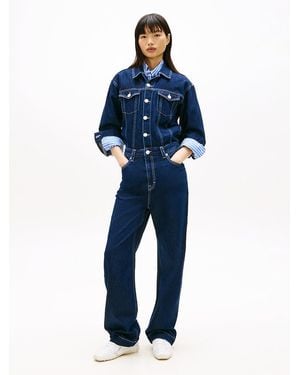 Tommy Hilfiger Flag Embroidery Collared Denim Jumpsuit - Blue