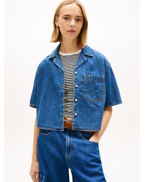 Tommy Hilfiger Relaxed Fit Chambray Cropped Shirt - Blue