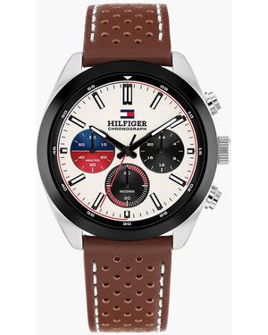 Tommy Hilfiger Perforated Leather Contrast Bezel Watch - Metallic