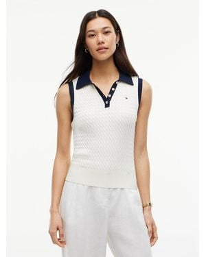 Tommy Hilfiger Cable Knit Slim Sleeveless Polo Jumper - White