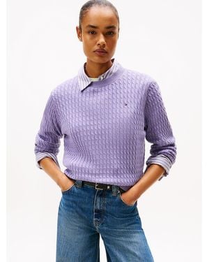 Tommy Hilfiger Pull En Maille Torsadée À Col Ras-Du-Cou - Violet