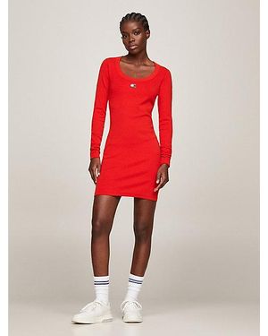 Tommy Hilfiger Geribde Longsleeve Bodycon-jurk Met Badge - Rood