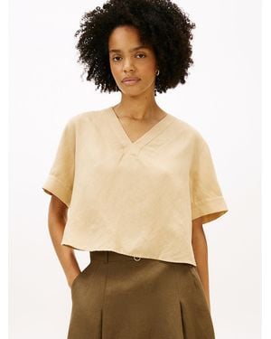 Tommy Hilfiger Relaxed Fit Linen Blend Short Sleeve Blouse - Natural