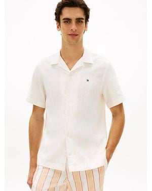 Tommy Hilfiger Regular Fit Linen Blend Short Sleeve Shirt - White