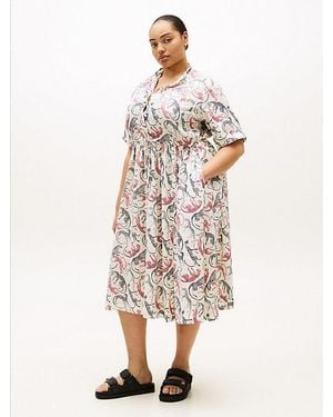 Tommy Hilfiger Curve Print Pure Linen Midi Shirt Dress - White